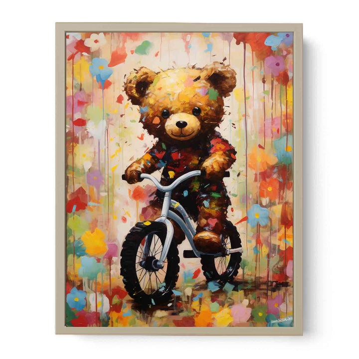 Modern Cycle Teddy Flower Art Painting  Framed Print