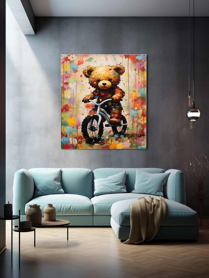 Modern Cycle Teddy Flower Art Painting  