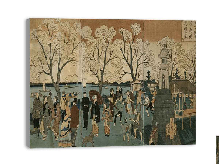Japanese triptych print showing Japanese and foreign people walking along the Sumida River among cherry trees in full bloom