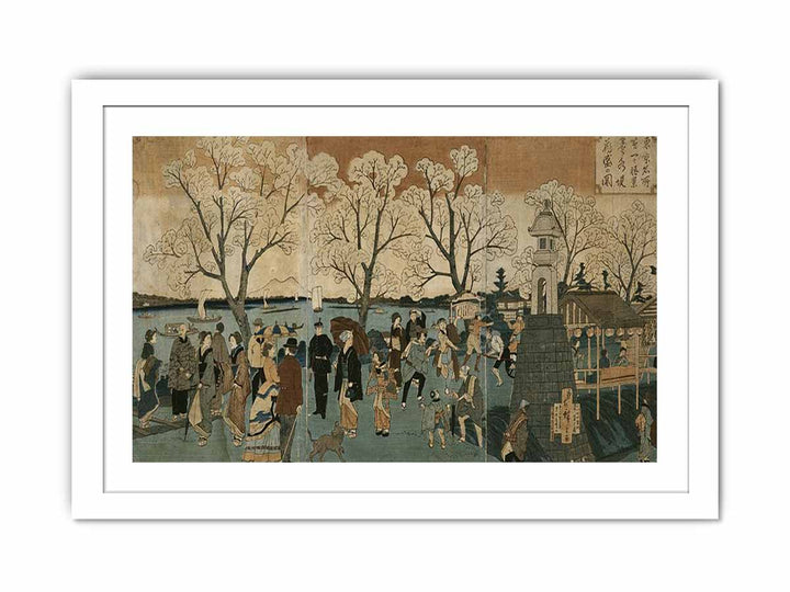 Japanese triptych print showing Japanese and foreign people walking along the Sumida River among cherry trees in full bloom