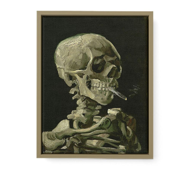 Head of a skeleton with a burning cigarette, framed Print