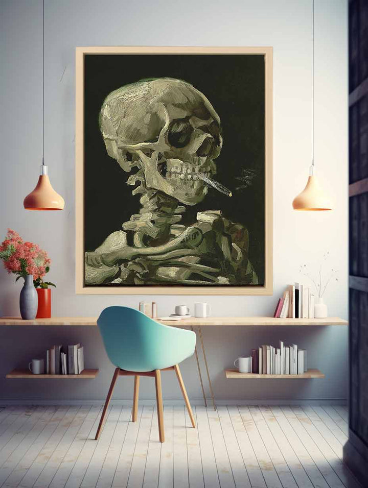Head of a skeleton with a burning cigarette, Art Print