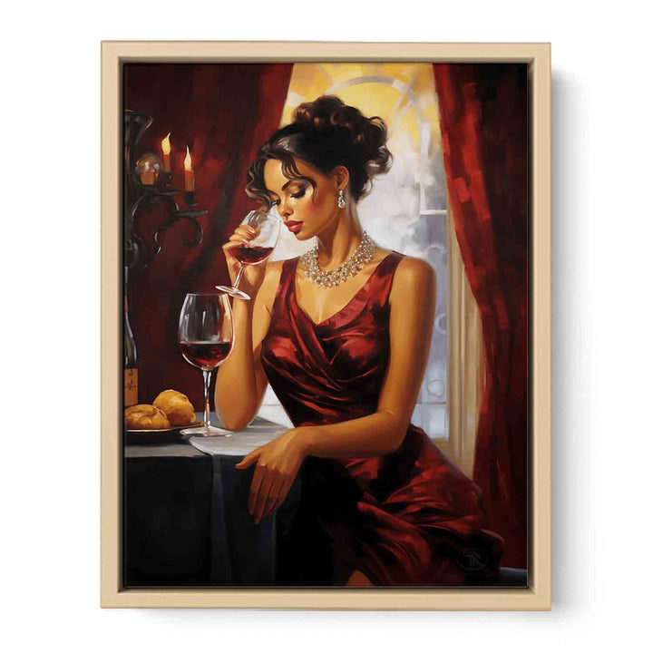 Lady Wine Table Modern Art Painting  Framed Print