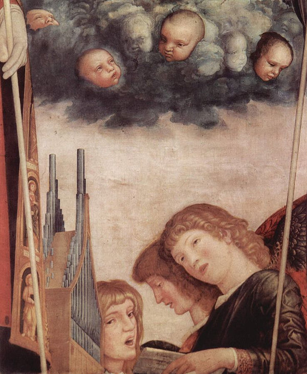 Madonna with saints, scene Mary with Christ Child with Saints, detail of angels playing instruments 