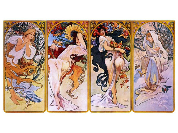 Cropped print of four panels each depicting one of the four seasons personified by a woman Painting by Alphonse Maria Mucha