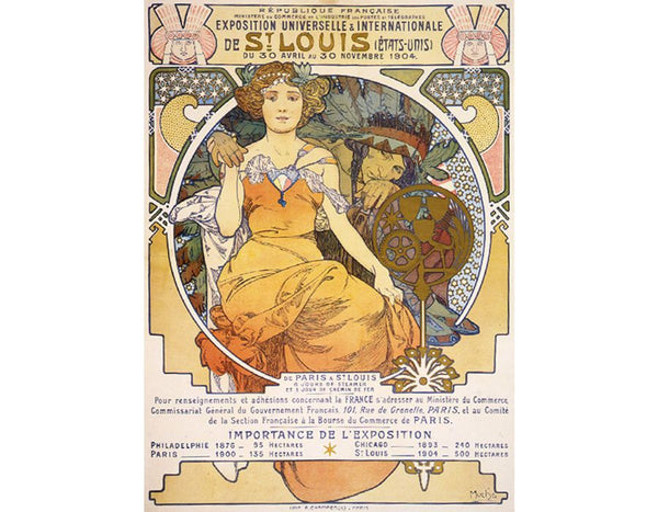 Art nouveau color lithograph poster showing a seated woman clasping the hand of a Native American Painting by Alphonse Maria Mucha