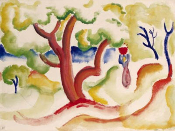Frau mit Korb unter Baumen