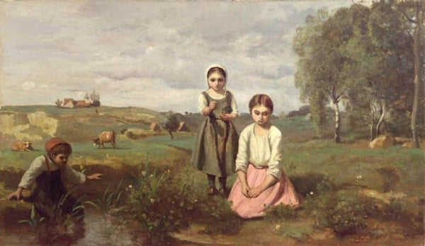 Children beside a brook in the countryside, Lormes 