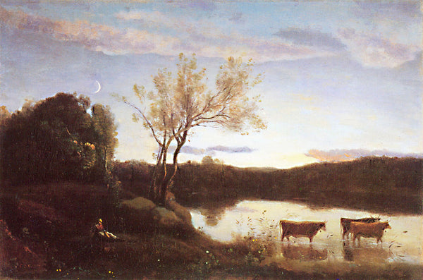 Pond with Three Cows and a Crescent Moon 