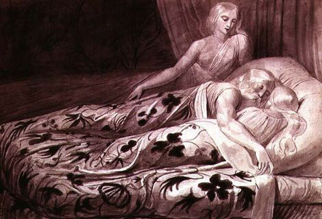 Har and Heva sleeping, with Mnetha looking on, one of twelve illustrations from 'Tiriel', c.1789 