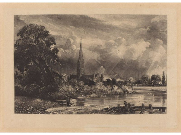 Salisbury Cathedral from the long bridge with an angler in the foreground Painting by John Constable
