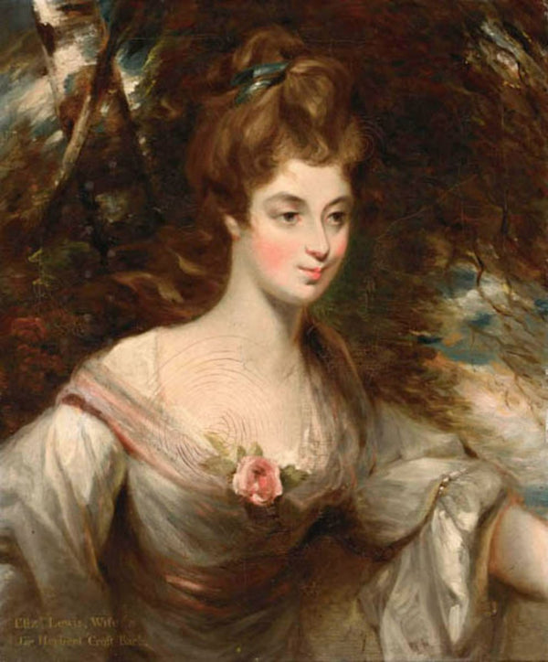 Portrait of Elizabeth, Lady Croft, half-length, in a white dress with a pink sash, in a wooded landscape Painting by John Constable