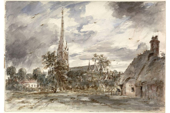 Salisbury Cathedral: with cottages Painting by John Constable