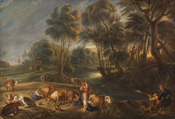 Landscape with milkmaids and huntsmen Painting by John Constable
