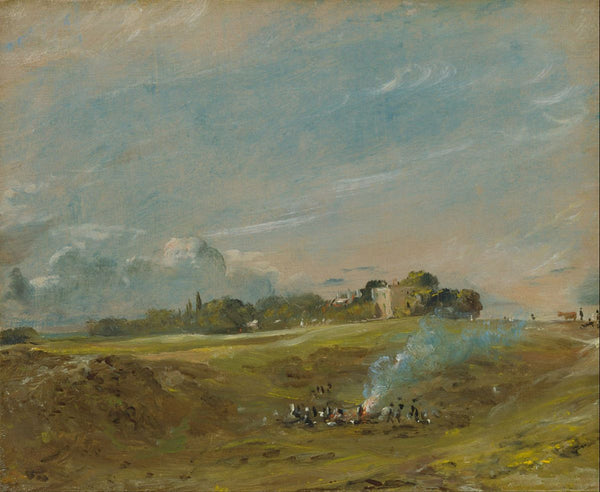 A View of Hampstead Heath, with figures round a bonfire Painting by John Constable