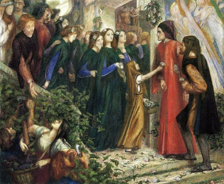 Beatrice Meeting Dante At A Wedding Feast Denies Him Her Salutation Painting by Dante Gabriel Rossetti