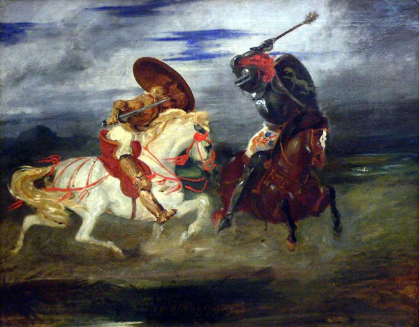 Confrontation of knights in the countryside Painting by Eugene Delacroix
