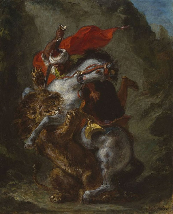 arab horseman attacked by a lion (1849)