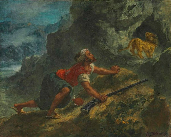 Arab stalking a lion Painting by Eugene Delacroix