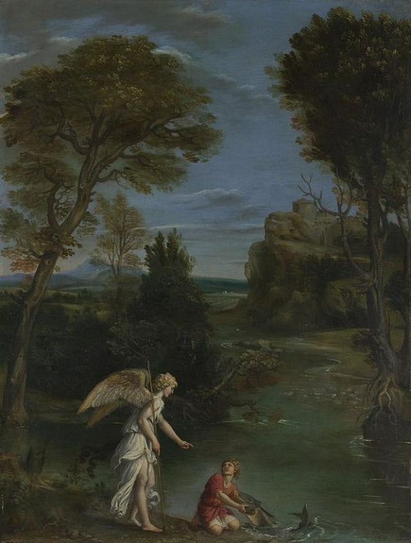 Landscape with Tobias Laying Hold of the Fish 1617-18 Painting by Domenico Zampieri