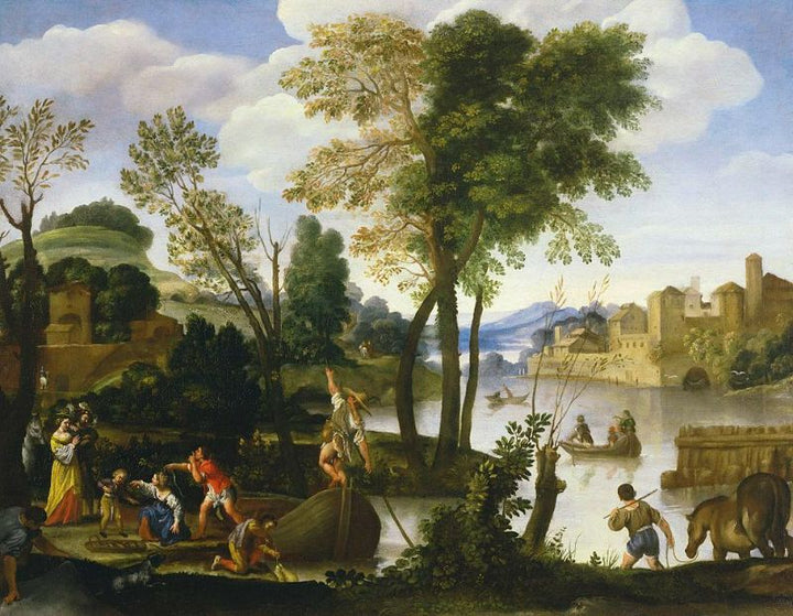An Italianate River Landscape with Poling Boatman and a Woman with a Basket of Crabs Painting by Domenico Zampieri