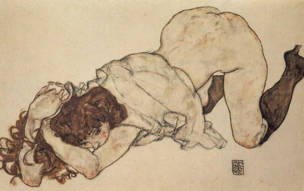 Kneeling girl, on both elbows supported Painting by Egon Schiele