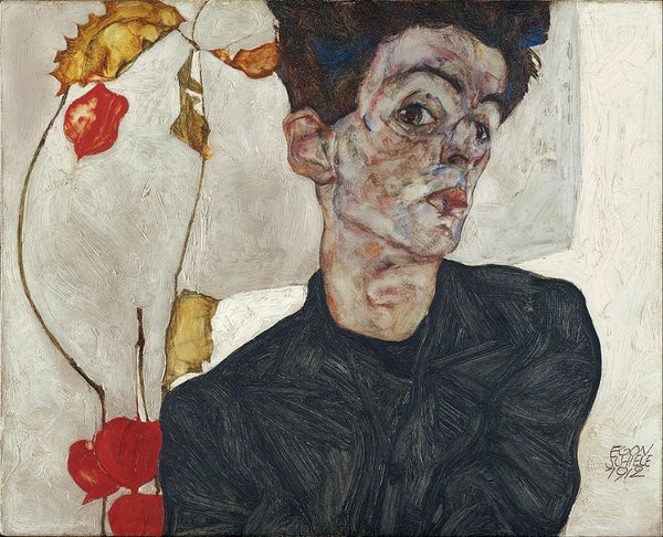 SelfPortrait with Chinese lantern fruits Painting by Egon Schiele