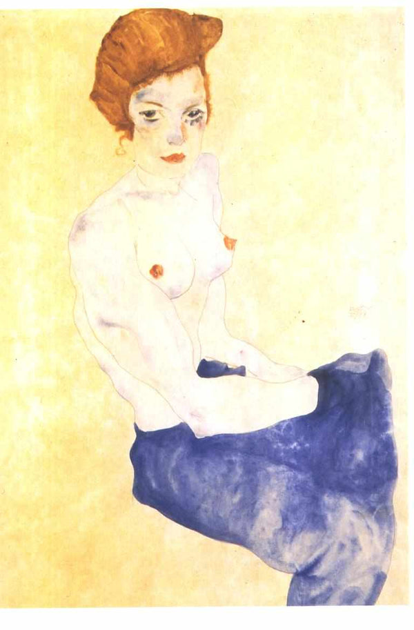 Seated Girl With Bare Torso And Light Blue Skirt 