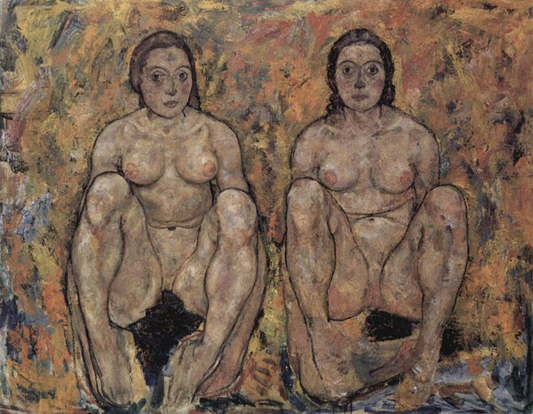 Squatting women's pair Painting  by Egon Schiele