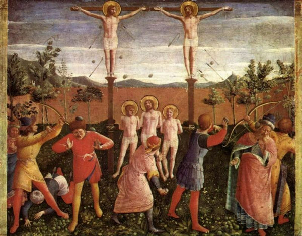 Saint Cosmas and Saint Damian Crucifixed and Stoned 1438 Painting by Fra Angelico