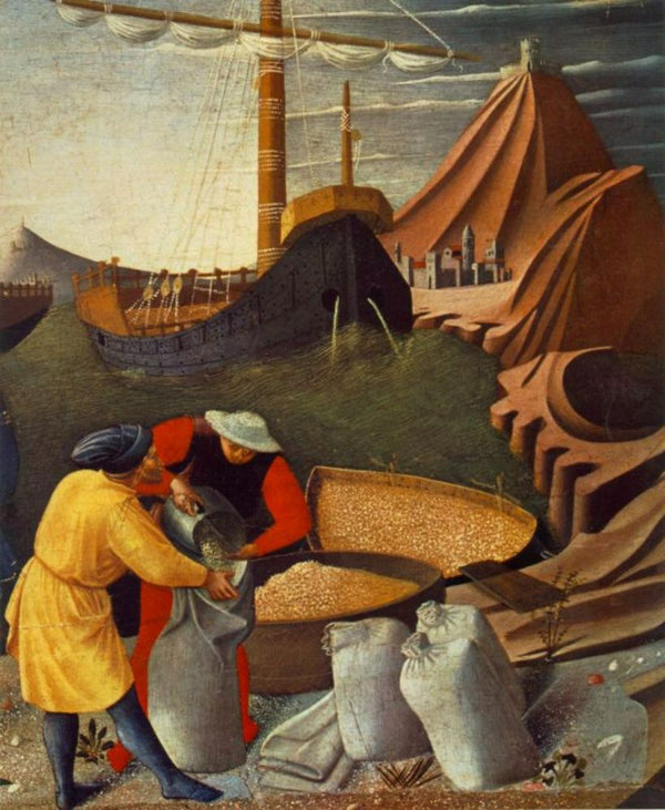 The Story of St Nicholas, St Nicholas saves the ship (detail) 1437