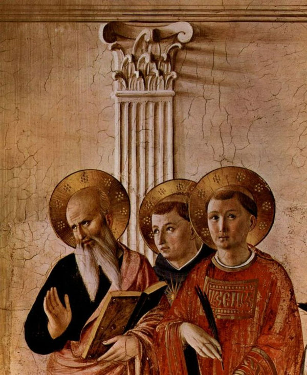 Mary and the Christ child and saints, detail Evangelist John, v. Thomas Aquinas, Lawrence Martyr
