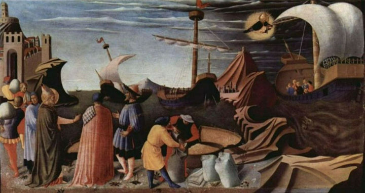 Triptych of San Domenico in Perugia on the life of St. Nicholas of Bari, scene of the rescue of three sailors Painting by Fra Angelico