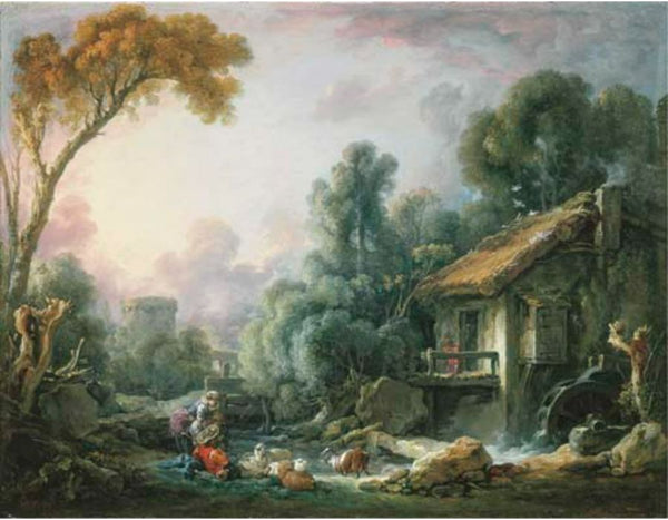 Le Moulin aA  Eau A landscape with a herdsman and his family by a mill 