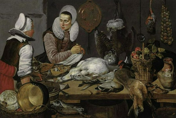 A Kitchen Interior with a Maid and a Lady Preparing Game Painting by Frans Hals