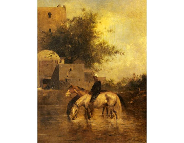Horses Watering In A River Painting by Eugene Fromentin