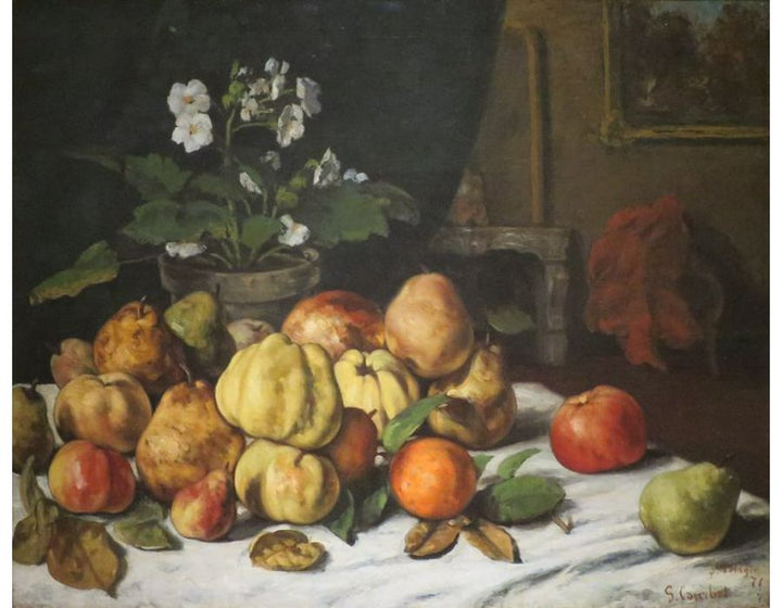 Still Life: Apples, Pears and Primroses on a Table Painting by Gustave Courbet