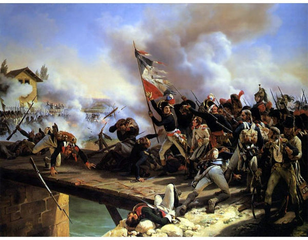 Napoleon Bonaparte leading his troops over the bridge of Arcol Painting by Horace Vernet