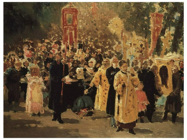 Religious procession in an oak forest. Appearance of the icon 