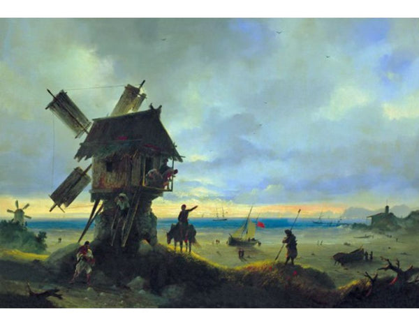 Windmill on the Sea CoastA Lunar night in the Crimea Painting by Ivan Konstantinovich Aivazovsky