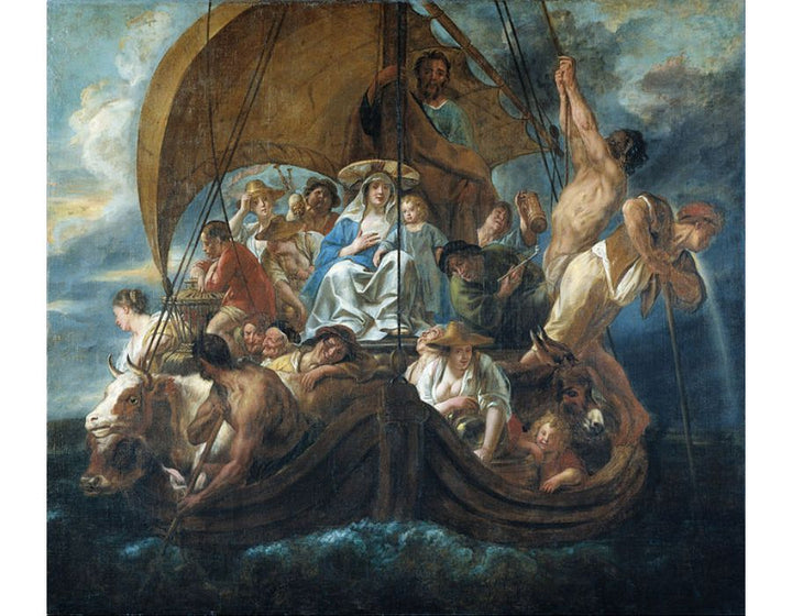 The Holy Family with characters and animals in a boat 