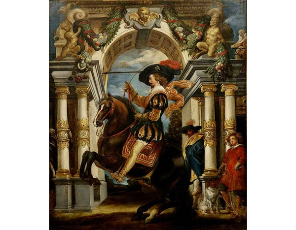 Cavalier executing a Levade, in front of a portal 