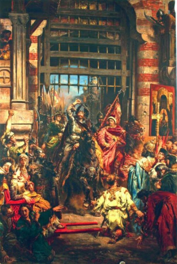 Boleslaw the Brave with Sviatopolk at the Golden Gate in Kiev Painting by Jan Matejko
