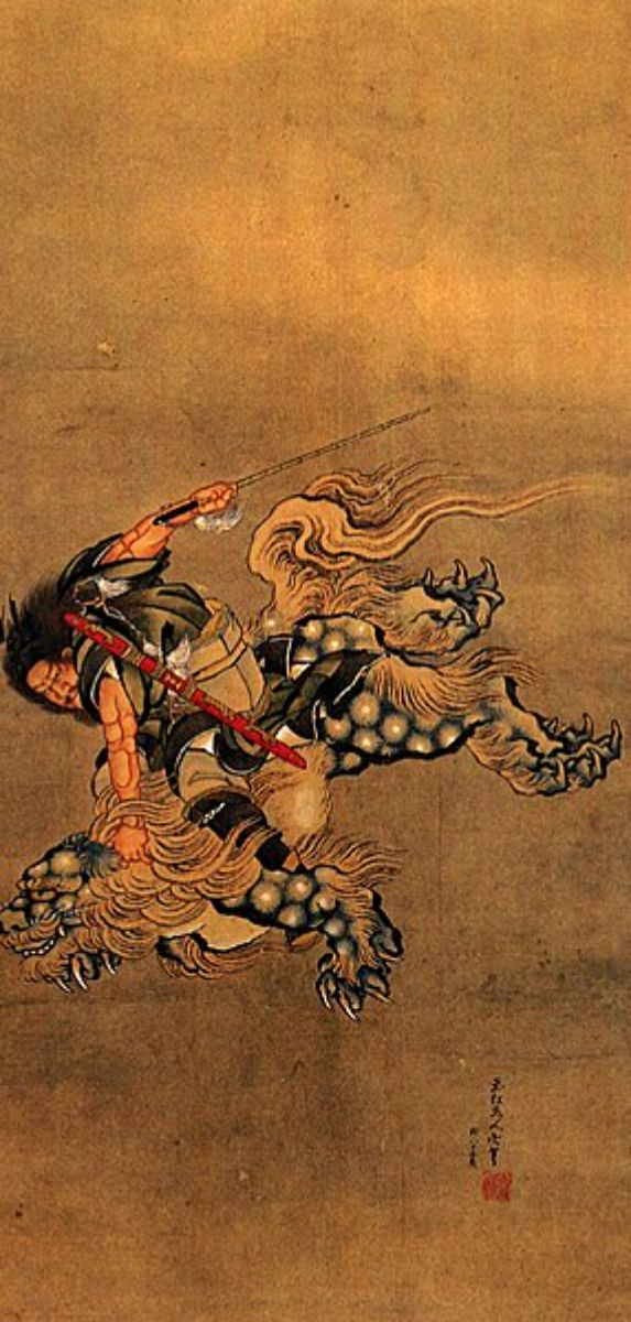 Shoki riding a shishi lion 