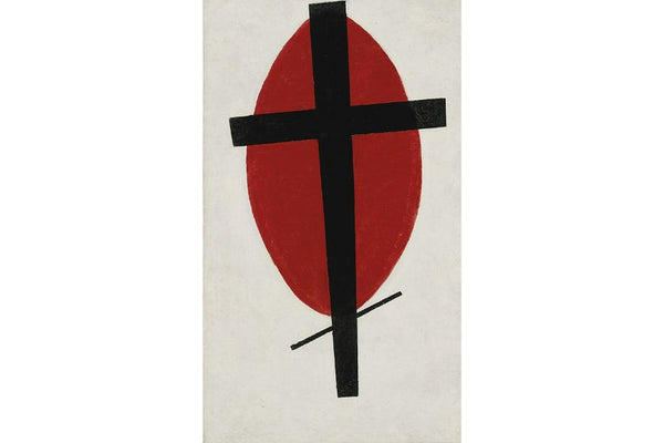 Black cross on a red oval