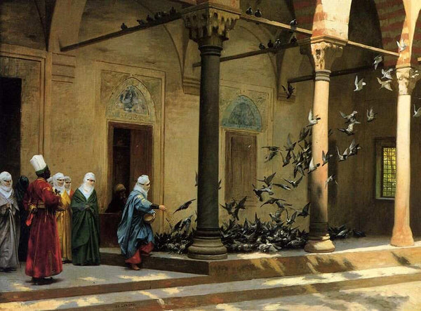 Harem Women Feeding Pigeons in a Courtyard Painting by Jean-Leon