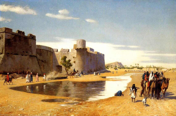 An Arab Caravan outside a Fortified Town, Egypt Painting by Jean-Leon