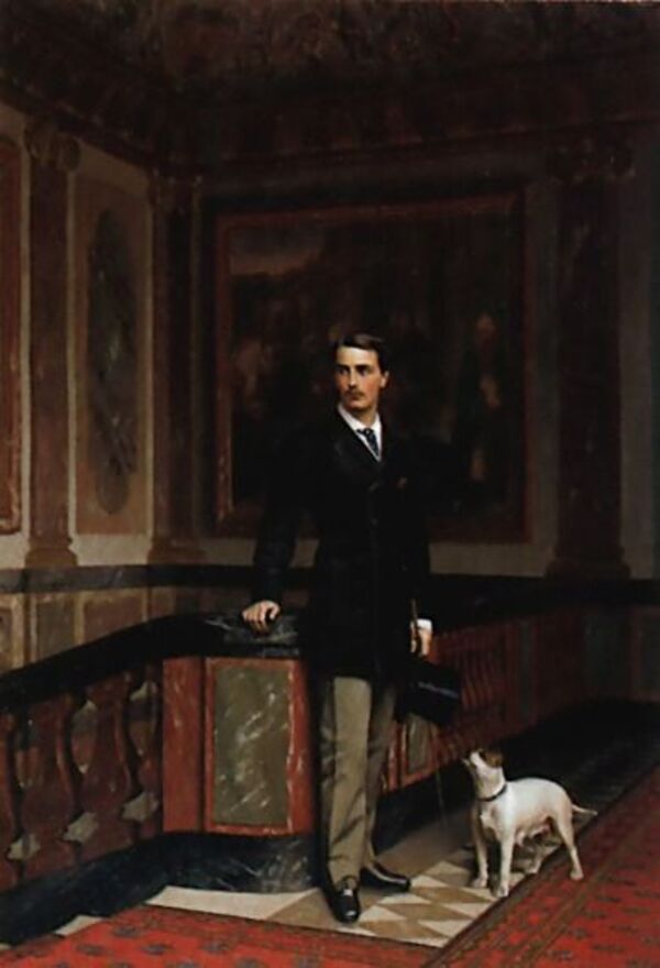 The Duc De La Rochefoucauld Doudeauville With His Terrier Painting by Jean-Leon
