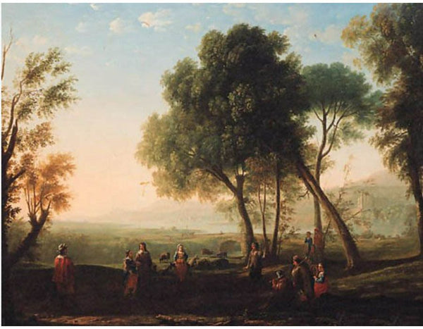 An Italianate river landscape with figures dancing in a glade 
