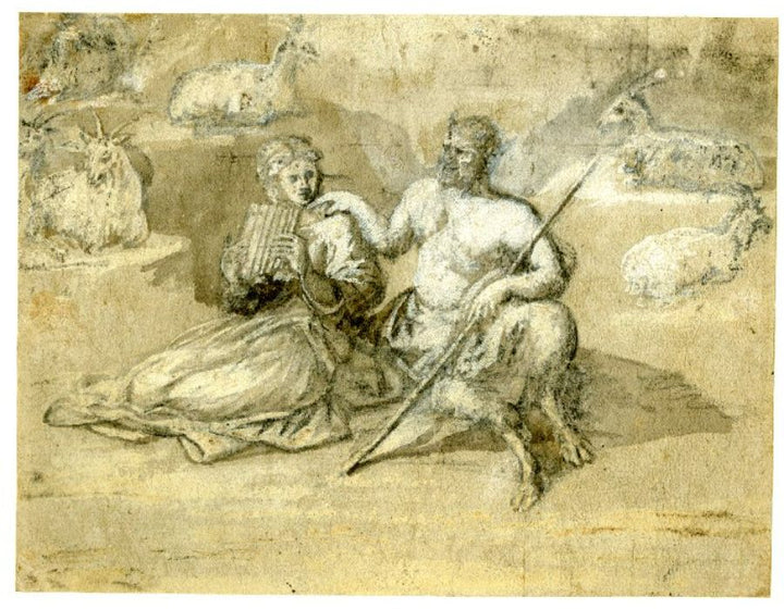 Drawing of a satyr, a girl and goats 